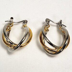 Women's Stunning Polished Dual Tones Triple Hoops Design Latch Back Earrings, 1"
